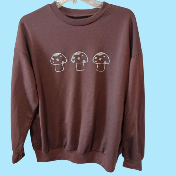 Brown Crewneck Sweatshirt With White Mushroom Print rhinestone Casual Dark Brown - Picture 1 of 6